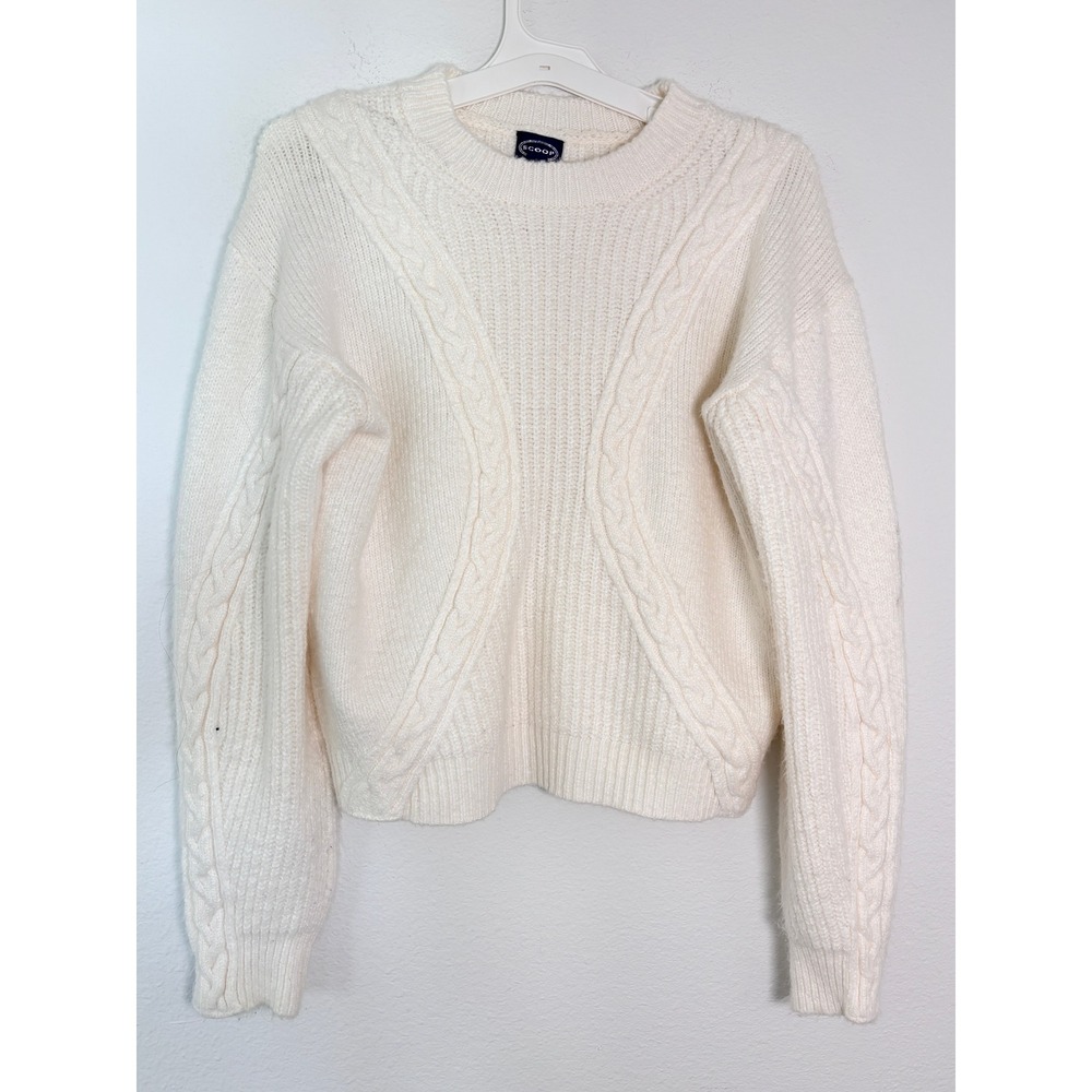 Scoop Womens Cable Knit Sweater Cream White Ribbed Crew Neck Large 12-14
